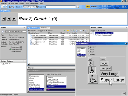 Speech and visual enablement of Activity Explorer (an Eclipse rich-client application) using the re-factored accessibility plug-ins first developed for the Eclipse IDE.